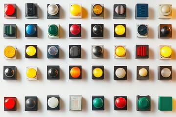 Colorful array of push buttons displayed on wall for industrial or design use