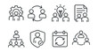 © Galina - Line style icons of project management: team with gear icon, collaboration flow, group brainstorming icon, shared document symbol, team structure chart, roles and responsibilities badge, sync