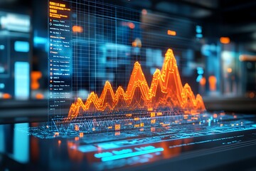 Wall Mural - abstract data visualization: glowing orange waveform on blue cybernetic grid.