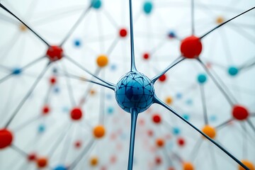 Wall Mural - Interconnected Spheres: Network of Colorful Nodes and Lines, Abstract Science Visualization.