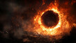 © Nesa - Fiery portal over a desolate landscape emitting heat, with smoke and debris; a ring of intense light
