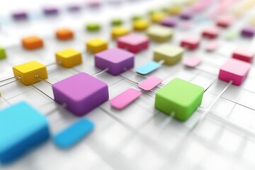 Wall Mural - interconnected colorful cubes: abstract network of pastel blocks and ellipses on white grid.
