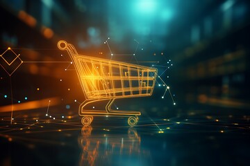 Wall Mural - Glowing Shopping Cart Outline Amidst Digital Network Reflections
