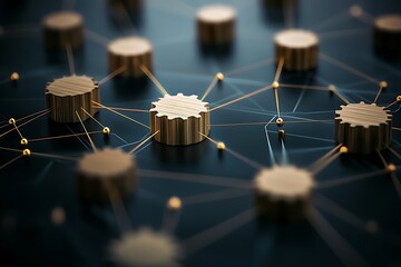Wall Mural - Golden Gear Nodes: Interconnected Network on Deep Blue Surface