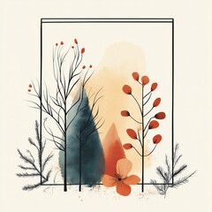 Corporate holiday cards with abstract trees and floral frames, professional minimalism for business festive greetings