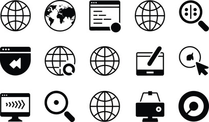 Collection of modern black and white web internet and technology icons for design
