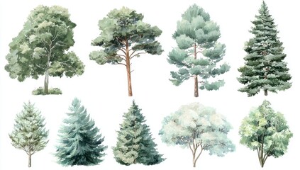 Watercolor trees collection various green foliage