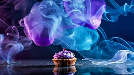 Wall Mural - a purple cupcake with smoke swirling around it on a reflective surface