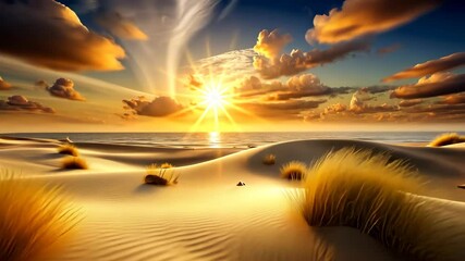 Wall Mural - golden hour serenity a mesmerizing sunset over tranquil desert dunes and calm ocean waves.