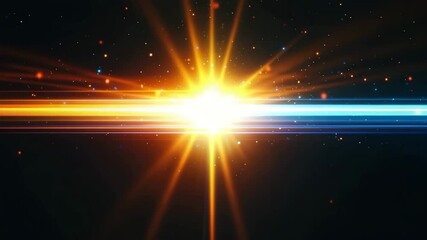 Wall Mural - bright light burst with glowing orange and blue horizontal beams and star flare in dark space, creat