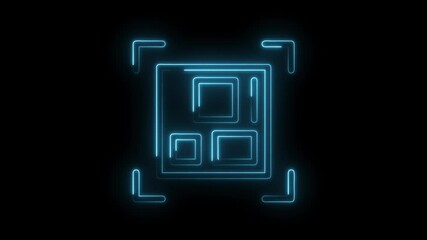 Glowing blueprint layout animation on black background with neon blue line tech design