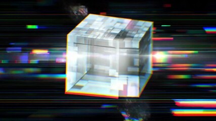 Wall Mural - abstract digital cube with colorful light streaks and geometric patterns in a dark background