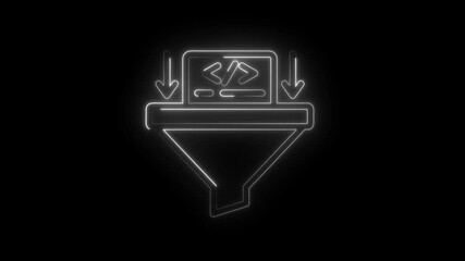 Neon code funnel symbolizing data filtering and programming languages downloading process on black background