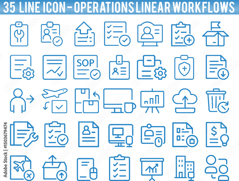 Set of 35 line icons representing operations and linear workflows, illustrating concepts like task management, documentation, and communication in a business context.