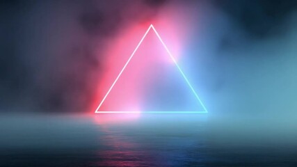 Wall Mural - neon triangle shape illuminated in foggy setting with reflection on water surface for stunning visua