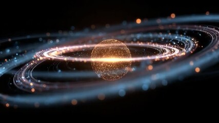 Wall Mural - cosmic sphere with glowing particles surrounded by rotating rings on a black background