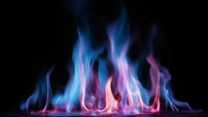 Wall Mural - vibrant flames in blue and pink colors illuminating black background, creating a mystical atmosphere