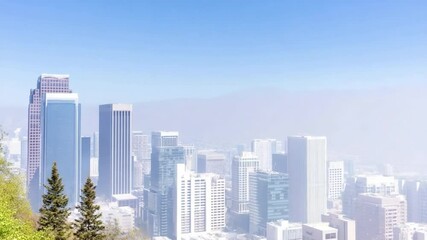 Poster - Urban Skyline: A stunning aerial view of a modern city skyline stretches out under a clear, bright sky.