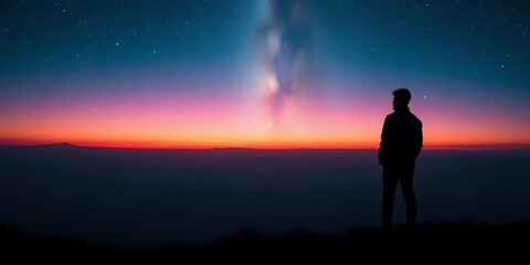 Wall Mural - Silhouette against vast, star-studded sky over surreal landscape, nocturnal, celestial