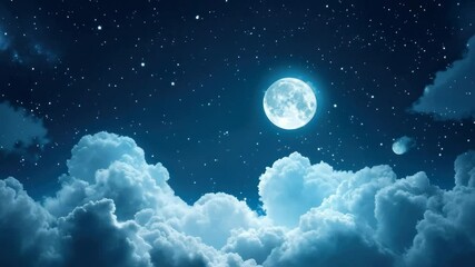 Wall Mural - a serene night sky video concept with a full moon and stars above fluffy clouds. captured from a low