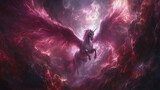Pegasus winged legendary horse flying with spread wings on dreamy landscape	