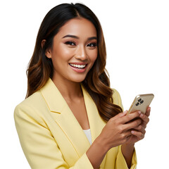 Smiling young lady looking at her smartphone interacting with mobile application