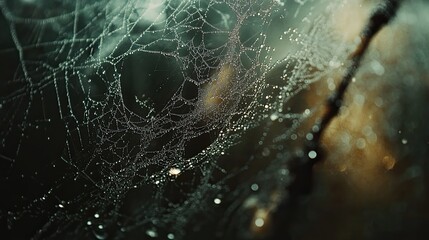 Glistening spiderweb in morning dew a testament to nature s intricate beauty with dark muted earthy
