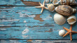 © Eni - Seashells and starfish on a weathered wooden surface.