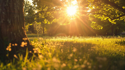 Wall Mural - a fresh spring sunny garden background of green grass and blurred foliage bokeh.