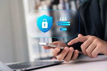 Wall Mural - user login screen with cybersecurity shield icon displayed on smartphone. concept of secure access, 