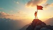© Viktor - Man plants flag peak, achieving success. Silhouette figure against sunset sky over mountain range. Business, career concept, triumph, victory, leadership, challenge, motivation, goal, freedom.