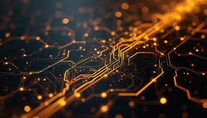 Futuristic circuit board design with glowing gold connections on black. Abstract digital tech, electronic pattern, circuitry. Motherboard innovation, modern hardware. Ideal for tech, AI, data,