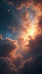 Wall Mural - dramatic sky panorama with intense sunset colors blending with stars, creating a dreamlike, ethereal