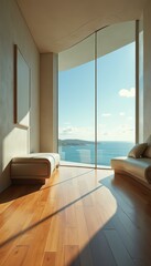 Aufkleber - Minimalist Room Overlooking the Ocean with Natural Light and Elegant Furniture