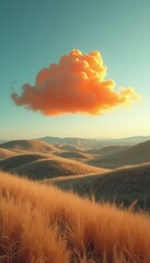 Poster - Golden sunset light falls over rolling hills and grassland with a vibrant orange cloud in the sky.