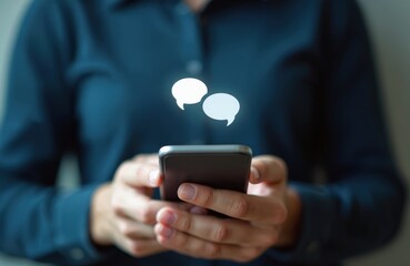 person using smartphone sending text messages. digital chat icons appear above phone. concept of mod