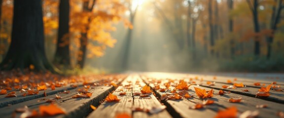 Aufkleber - Autumn leaves scattered on a wooden boardwalk in a serene forest with sunbeams filtering through the trees