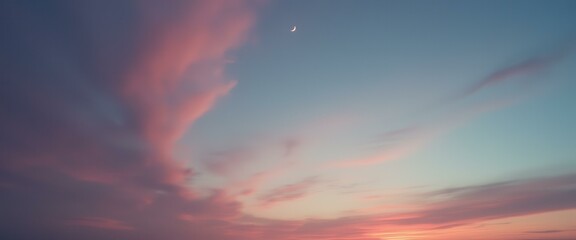 Aufkleber - Dreamy sky with pastel clouds and a crescent moon at dusk, creating a peaceful and serene atmosphere