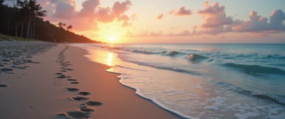 Poster - Tranquil Beach Sunset with Footprints on Shoreline, Gentle Waves, and Warm Golden Light Reflecting on Sand
