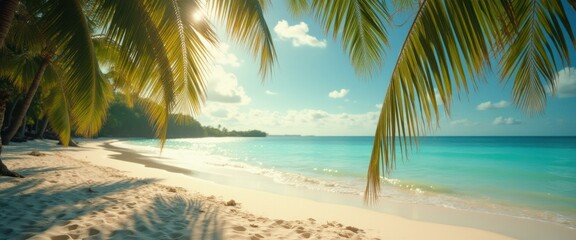 Poster - Tranquil beach scene with turquoise water, white sand, and swaying palm trees under a bright, sunny sky, creating a relaxing vacat