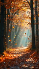 Aufkleber - Autumn Forest Path with Golden Leaves and Sunlight Streaks - Atmospheric Fall Landscape