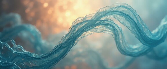 Aufkleber - Abstract turquoise wave fabric flowing against soft peach light background, evoking serenity and artistic expression