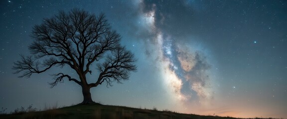 Wall Mural - Silhouette of Bare Tree Against a Starry Night Sky with Milky Way Galaxy