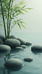 Poster - Tranquil Bamboo Stalks and Smooth Stones in Calm Water, a Meditative Composition for Wellness and Serenity