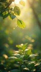 Aufkleber - Sunlight-Kissed Leaves Adorned with Morning Dew in a Lush, Green Forest Setting