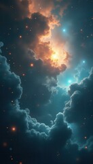 Poster - Dramatic Sky with Fiery Clouds and Celestial Light Display - A Cosmic Tapestry of Colors and Textures