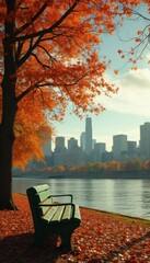 Poster - Peaceful Autumn Scenery with Park Bench and City Skyline in the Background