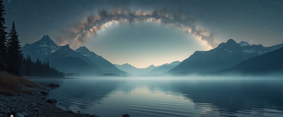 Wall Mural - misty lake reflects the night sky and mountain silhouettes, with a galaxy arching overhead in a peac
