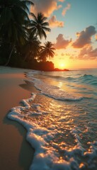 Poster - Tropical beach sunset with palm trees and golden waves creating a serene and picturesque seaside vista