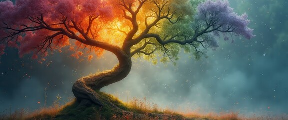 Aufkleber - Mystical rainbow tree with vibrant foliage and a curving trunk on a misty landscape, showcasing diversity and fantasy